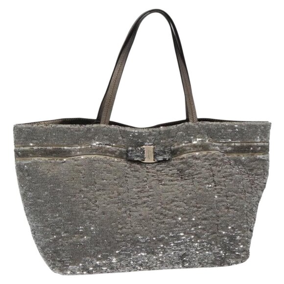 Salvatore Ferragamo Sequin Vala Tote Bag Nylon Silver Auth - Picture 1 of 16